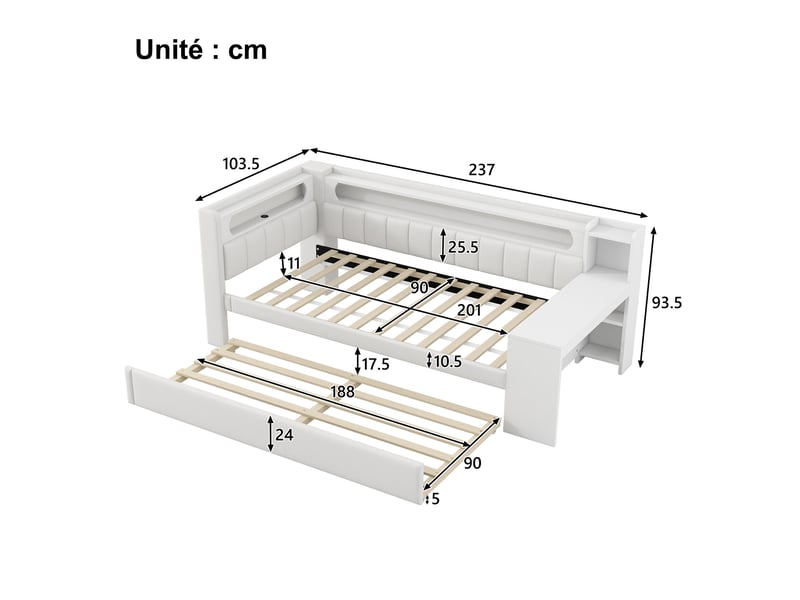 Lit gigogne 90x200 cm - lit déco avec tiroir et bureau - mdf et lin - sans matelas - blanc - Conforama C