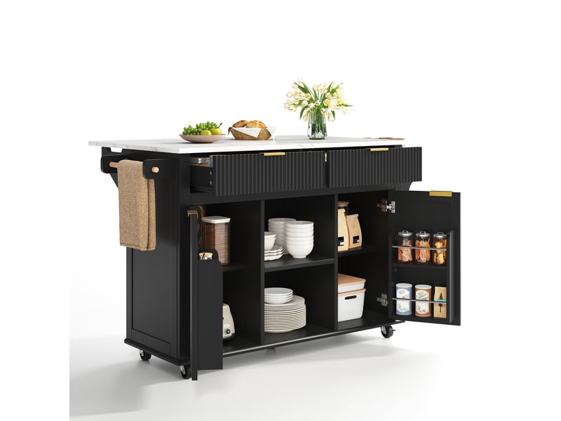  Desserte de cuisine à roulettes, 2 tiroirs, 2 portes, étagères à épices, porte-serviettes, 143 × 45 × 89,5 cm  - Conforama A