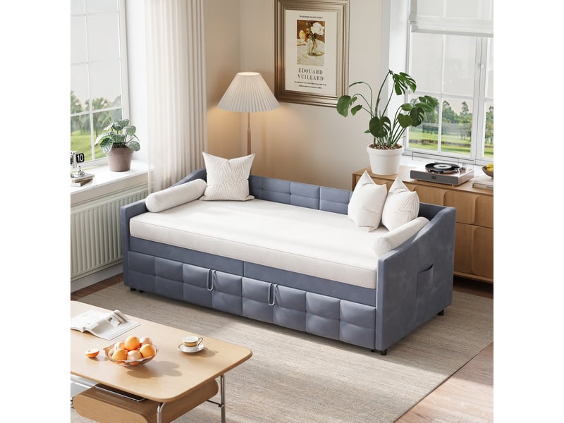  Lit banquette gigogne extensible 90 x 200 cm gris - canapé-lit en velours avec sommier à lattes et couchage double pour chambre d'amis  - Conforama C