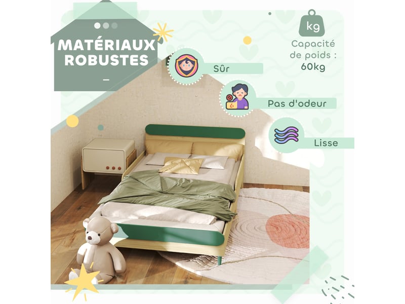  Lit pour enfant lit au sol enfant de 3 à 10 ans avec barrière de sécurité, sommier à lattes inclus, vert  - Conforama R