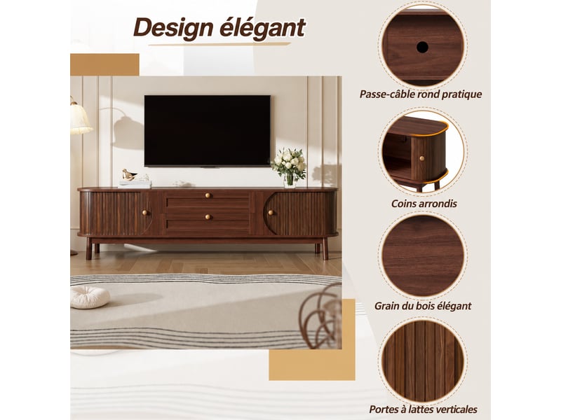 Meuble tv 170 cm avec tiroirs et rangements, coins arrondis et pieds en bois - effet bois  - Conforama E