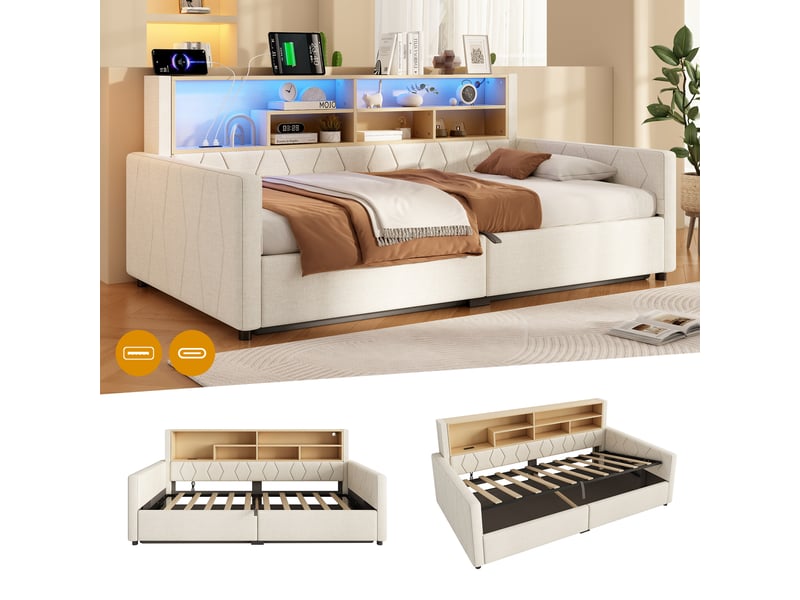  Lit coffre hydraulique 90x200 cm avec led, usb-a et usb-c, tissu lin beige, structure mdf, sans matelas  - Conforama E