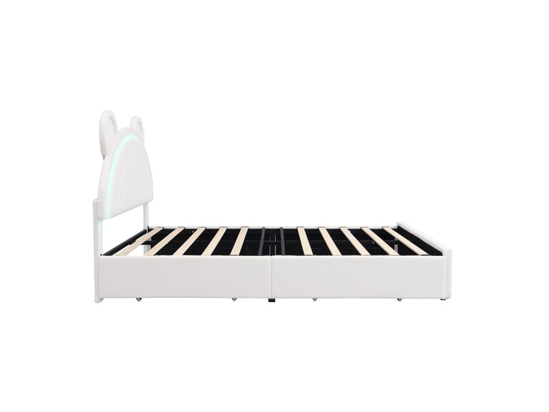  Lit enfant 140x200 cm tête de lit ours, lit double, 4 tiroirs, led contrôlée par application, couleur beige sans matelas  - Conforama E
