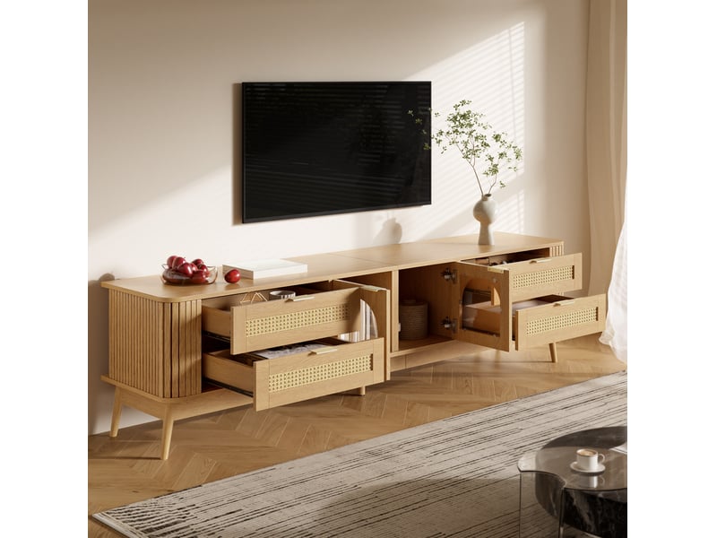  Meuble tv modenvie 180 x 40 x 50 cm avec led pilotable par application, 4 tiroirs et 2 portes en verre  - Conforama E