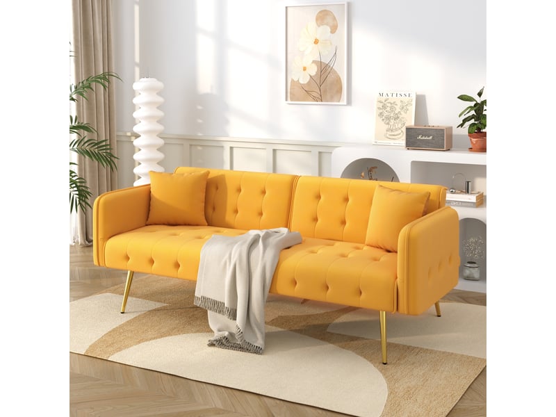  Canapé convertible 2 places, canapé en velours moderne avec dossier et accoudoirs réglables, pieds en métal doré, pour salon.  - Conforama E