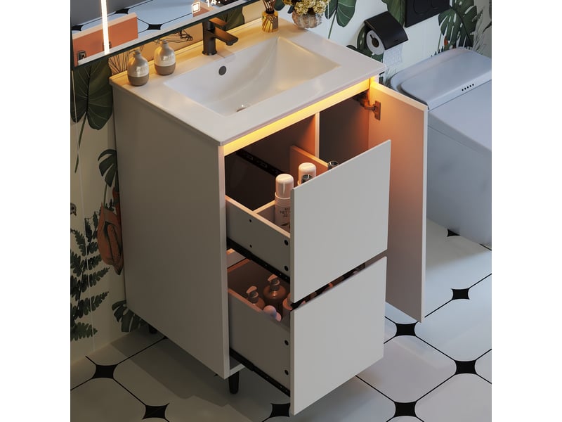  Meuble de salle de bain - 61x46,5x87 cm - meuble sous vasque avec vasque céramique, 2 tiroirs, 1 porte, led - blanc  - Conforama D