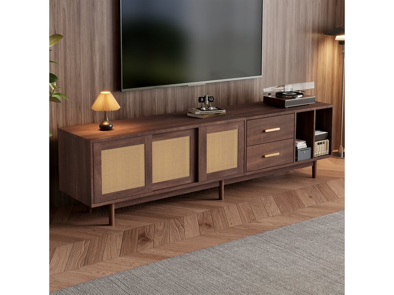  Meuble tv 190 cm rotin marron pour écran 75 pouces, 3 portes et 2 tiroirs, 6 pieds stables  - Conforama E