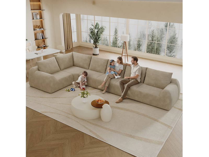 Canapé d'angle compressé 6 places en chenille avec mousse haute élasticité, sans montage, beige - Conforama D