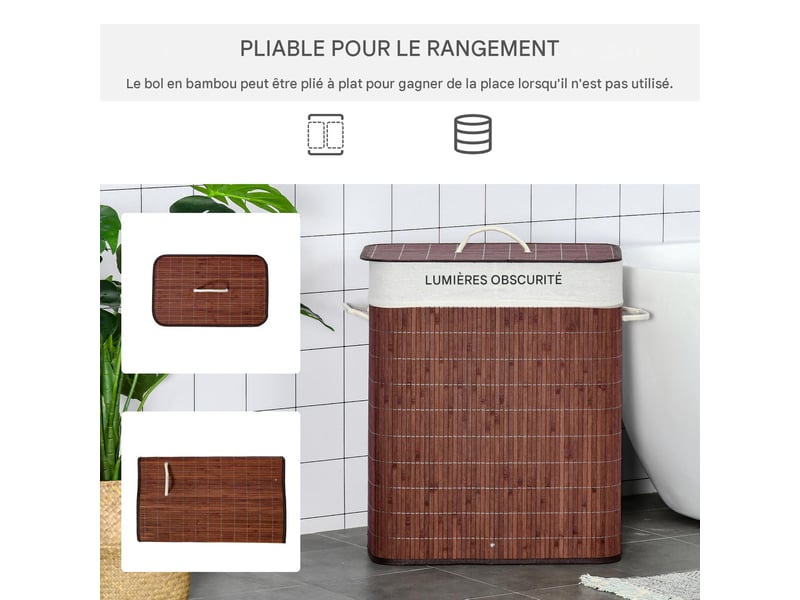  Panier à linge en bambou avec couvercle 100 l 2 compartiments marron 52 x 32 x 63 cm  - Conforama E