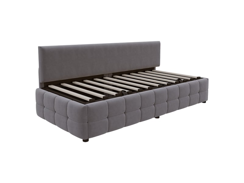 Canapé-lit 90x200 velours gris foncé, rangement hydraulique, motif à carreaux  - Conforama D
