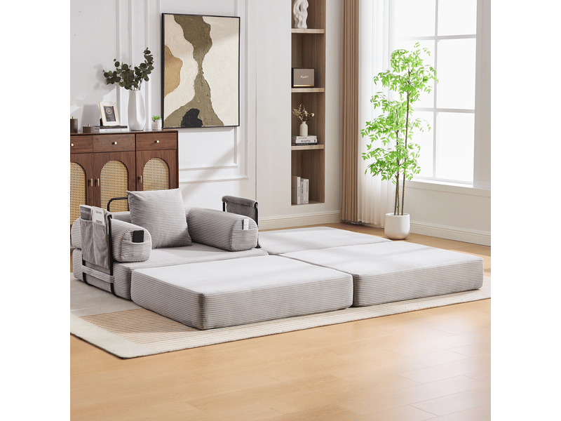 Fauteuil modulable modenvie 1 place avec pouf en velours côtelé gris clair 112 x 190 x 67 cm - Conforama E