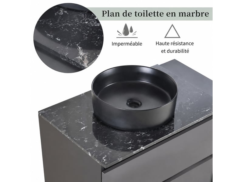  Meuble sous vasque suspendu 80 cm noir et gris avec vasque ronde noire en céramique et 2 tiroirs  - Conforama D