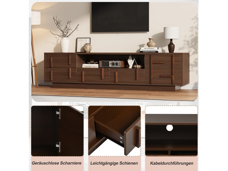  Meuble tv 180x40x45 cm avec 4 tiroirs, 1 porte et 2 niches, noyer foncé  - Conforama E