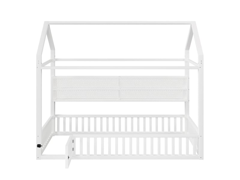 Lit cabane en métal 90x200 cm - motif maison - avec barrière de sécurité - avec lumières led - blanc (matelas non inclus) - Conforama W