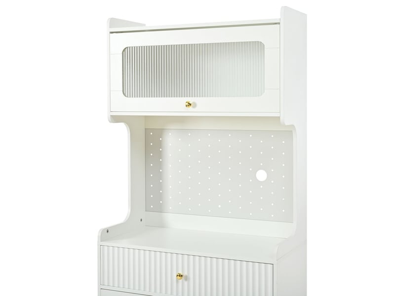 Buffet de cuisine étagères réglables tiroirs éclairage led verre strié blanc - Conforama D
