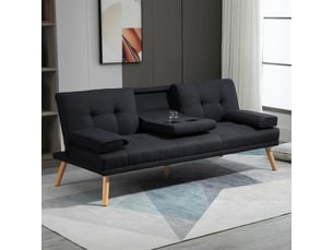 Canapé convertible 3 places gris avec table pliante et porte-gobelets, aspect lin