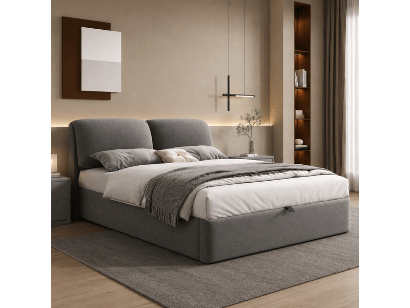  Lit coffre rembourré 140x190 cm, lit double avec rangement hydraulique, 3 tiroirs, sommier à lattes et tête de lit, velours, gris Bliss Lite - Conforama E