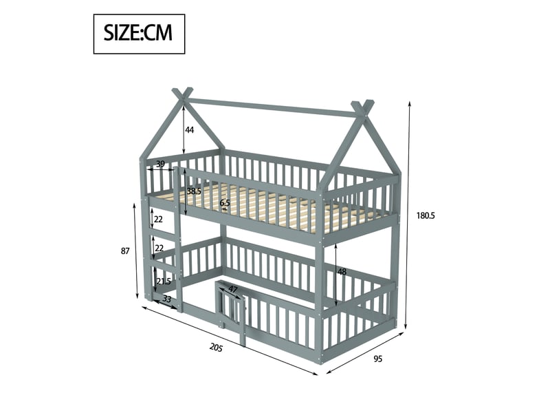  Lit superposé enfant 90x200 cm avec escalier et toit, gris  - Conforama D