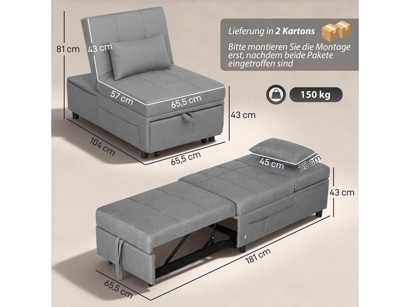 Fauteuil convertible 4 en 1 avec roulettes tissu gris clair 65,5 x 104 x 81 cm - Conforama C