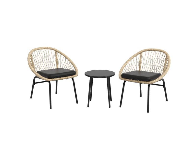  Salon de jardin 3 pièces en rotin jaune, 2 fauteuils avec coussins et table ronde à plateau en acier  - Conforama A