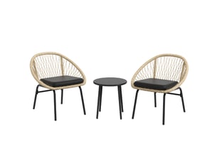 Salon de jardin 3 pièces en rotin jaune, 2 fauteuils avec coussins et table ronde à plateau en acier