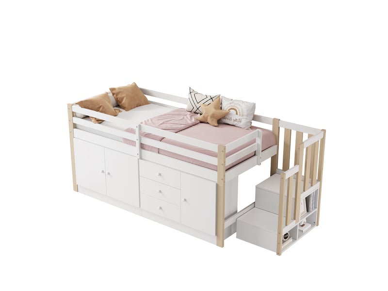  Lit mezzanine enfant 90x200 cm – blanc – escalier, rangements, penderie et sommier inclus - sans matelas  - Conforama A