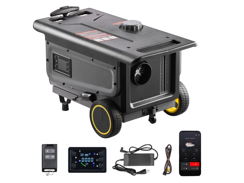  Vevor chauffage diesel 8 kw dc 12 v24 v et 220 v - réchauffeur de stationnement portable avec bluetooth, télécommande, écran lcd, réservoir 5 l, chariot ZM8008 - Conforama A