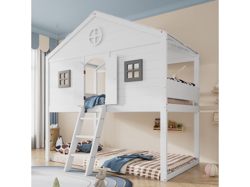 Lit mezzanine 90x200 cm, lit enfant avec escalier et barrière de sécurité, en bois de pin massif et mdf style scandinave, blanc et gris - Conforama B