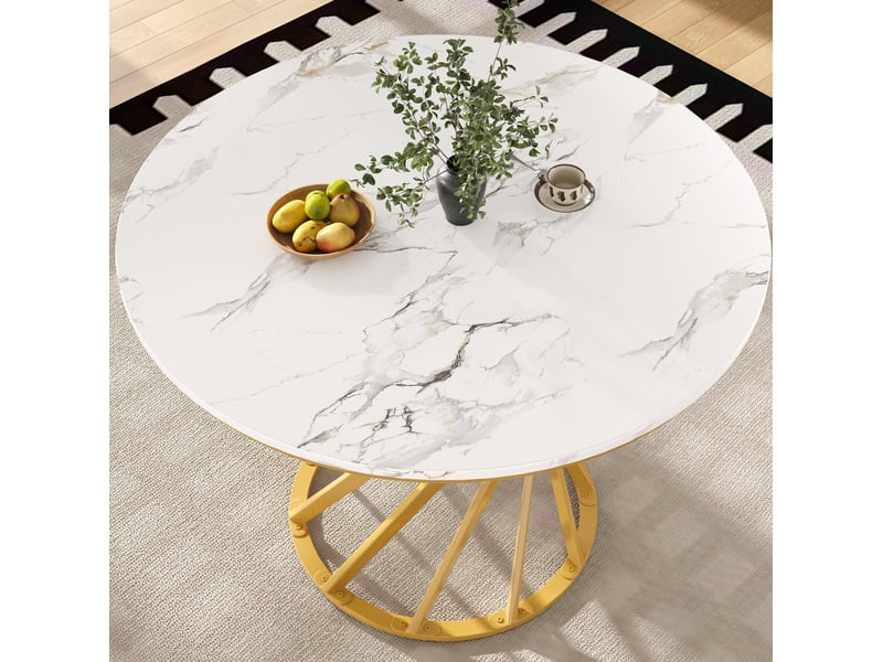  Table à manger ronde 80 x 80 x 76 cm, plateau mdf blanc et pieds métal dorés  - Conforama D