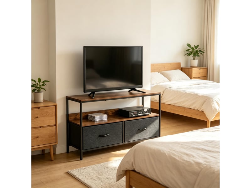 Meuble tv avec 2 tiroirs pliables et étagère ouverte, style industriel, pour salon et chambre, 98×29×56 cm - Conforama C