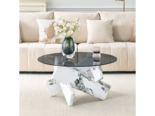 Table basse ronde avec plateau en verre trempé et piètement géométrique stable en mdf pour salon moderne blanc