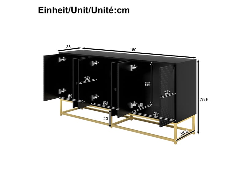  Buffet de rangement noir mat 3 portes doubles en panneau de particules, 160 x 38 x 75,5 cm  - Conforama E
