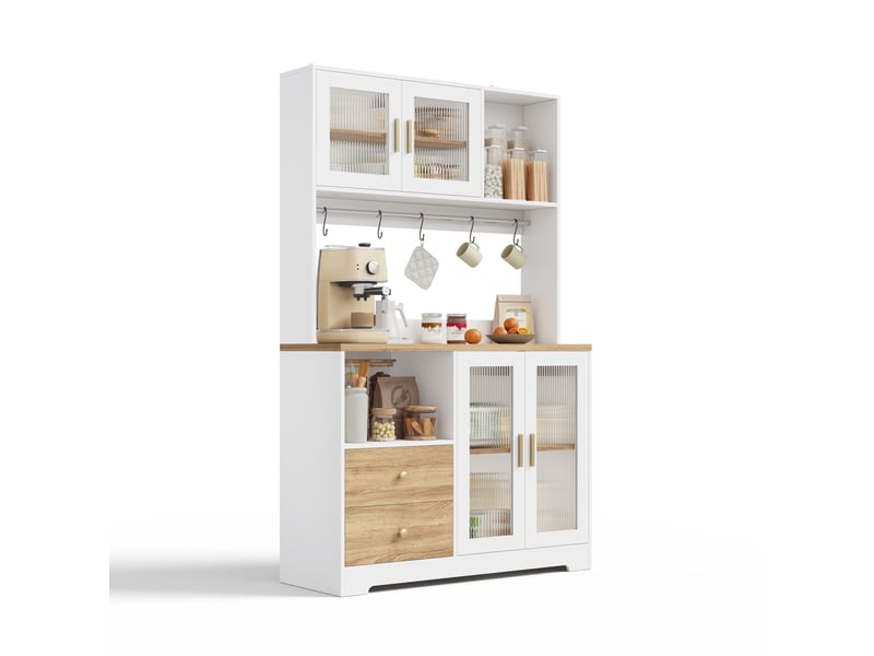  Buffet haut de cuisine 110x40x178 cm avec led rgb, 2 prises, 2 usb, 4 portes en verre trempé, étagères réglables, barre et crochets, blanc naturel  - Conforama A
