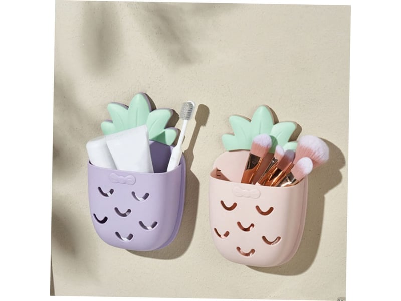  Lot de 2 range-muraux salle de bain sans perçage ananas violet et jaune, organiseur cosmétiques et porte-brosse à dents  - Conforama E