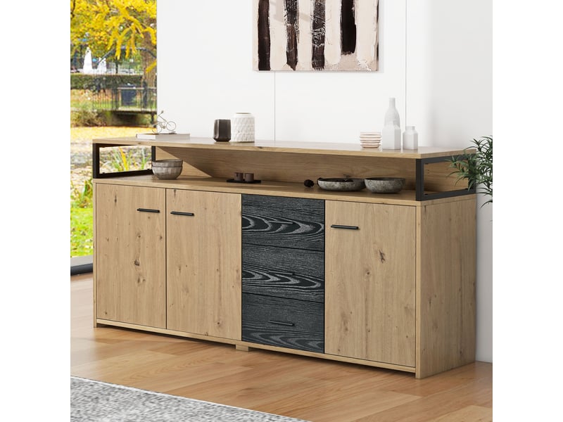  Buffet 3 portes 3 tiroirs industriel noir et bois, meuble de rangement 150 cm  - Conforama C