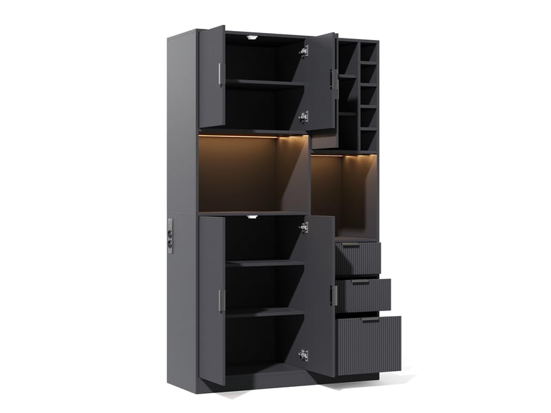  Armoire haute moderne de rangement et à vin avec étagères réglables 3 tiroirs casier à vin led changeant de couleur prises 180x105x40 cm  - Conforama D