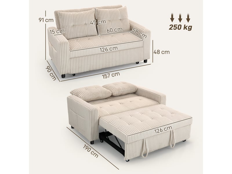 Canapé convertible 2 places canapé-lit en velours côtelé 157x190cm crème dossier réglable poches latérales et 2 coussins - Conforama C