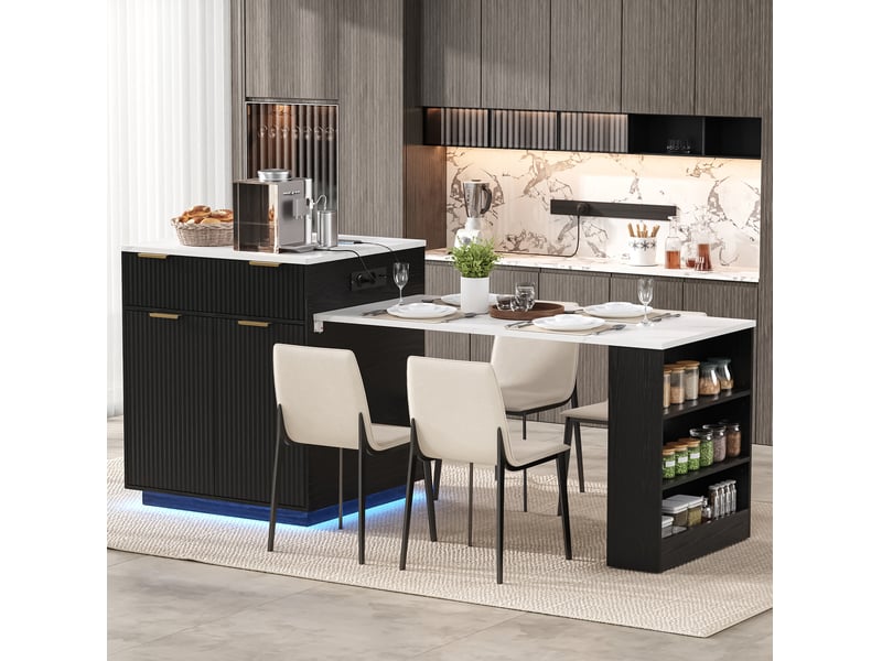  Îlot de cuisine noir extensible 127,5-205 cm avec led, prises usbtype-c et rangements  - Conforama B