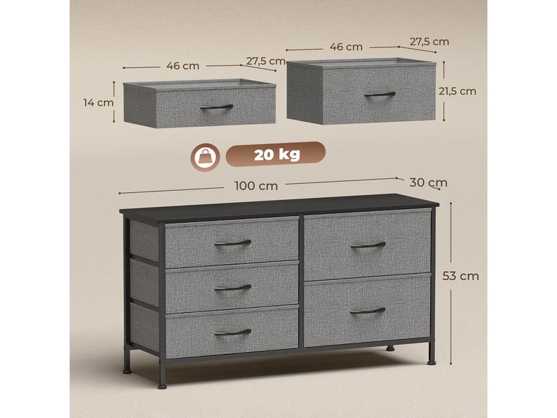  Commode en tissu à 5 tiroirs, commode de chambre, structure en acier, commode pour salon ou bureau, gris foncé et noir  - Conforama E