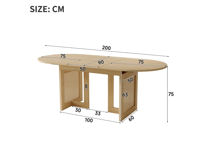 Table à manger extensible, chêne, 150200 × 90 cm, 6-8 personnes, coins arrondis, plateau épais, pieds en rotin - Conforama C