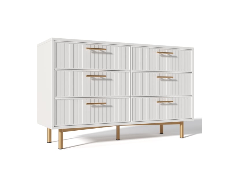  Buffet de rangement 120x40x75 cm, 6 tiroirs, façades cannelées, pieds métal, grand rangement pour salon et salle à manger - blanc AB20875152W - Conforama A
