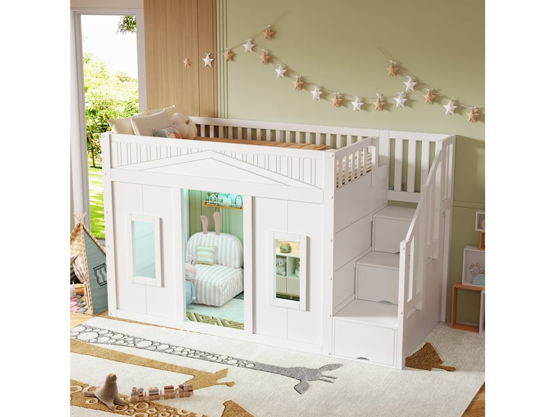  Lit mezzanine enfant 90x200 cm, escalier 3 rangements, fenêtre, led, garde-corps, bois et mdf, blanc, avec matelas  - Conforama D