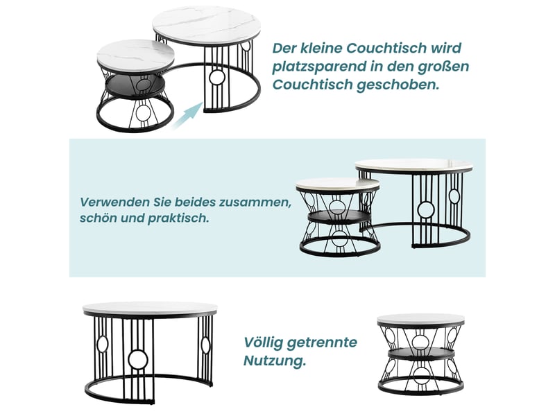  Tables basses gigognes ulevr 2 pièces 70 x 70 x 45 cm et 45 x 45 x 36 cm, mdf blanc, cadre acier noir  - Conforama E