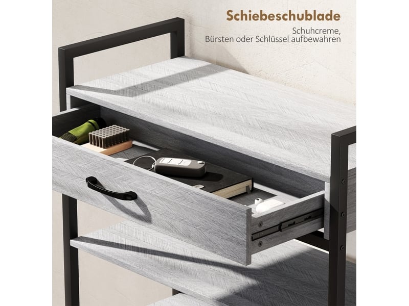  Meuble à chaussures 4 niveaux, rangement couloir pour 9 paires de chaussures, panneau particule, métal, gris  - Conforama E