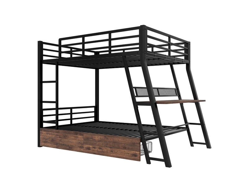  Lit mezzanine noir 140 × 200 cm, bureau, led, tiroirs, escalier et garde-corps  - Conforama E