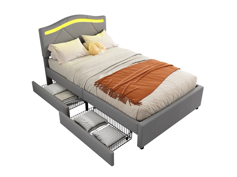  Lit capitonné 90x200cm, gris, sans matelas, led, deux tiroirs, tête réglable, lin et mdf, style minimaliste  - Conforama A