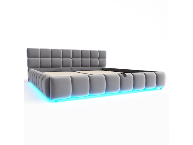  Lit rembourré pour adulte, 180 x 200 cm, avec bande lumineuse, tête de lit, rangement hydraulique, velours, gris  - Conforama W