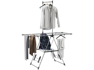 Séchoir à linge étendoir pliable, ailes réglables 5 niveaux, 4 supports à chaussures, acier inoxydable, argenté