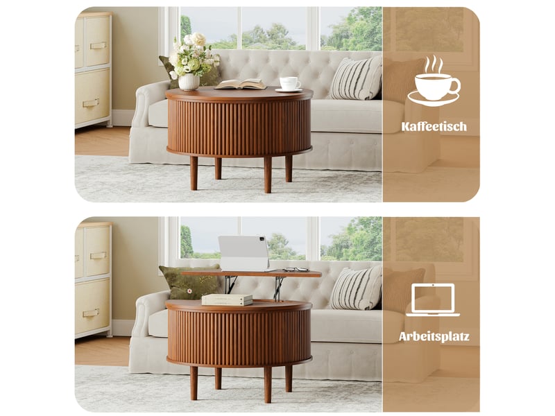  Table basse relevable ronde 80 x 80 x 50 cm - marron - rangement dissimulé, plateau à ouverture bilatérale  - Conforama E
