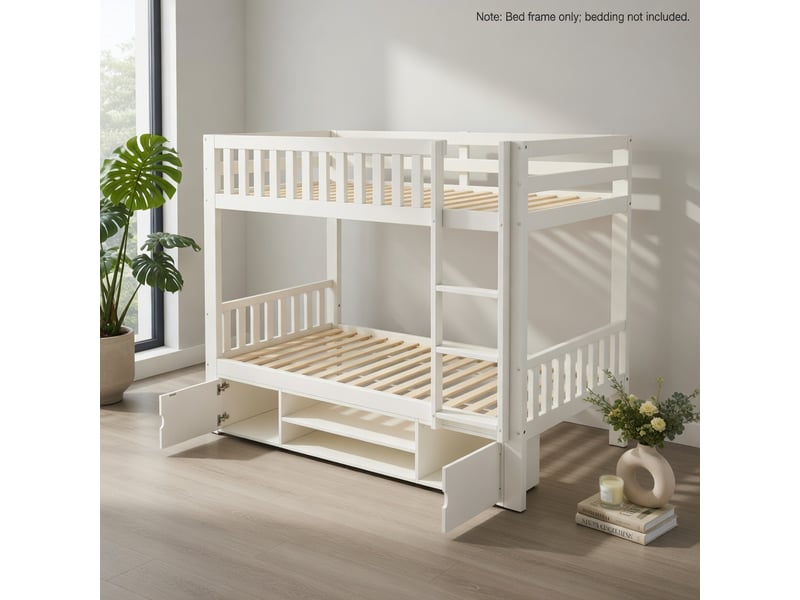 Gutenacht lit mezzanine 90x200 cm blanc avec bureau rabattable, étagères à chaussures et lattes - Conforama B